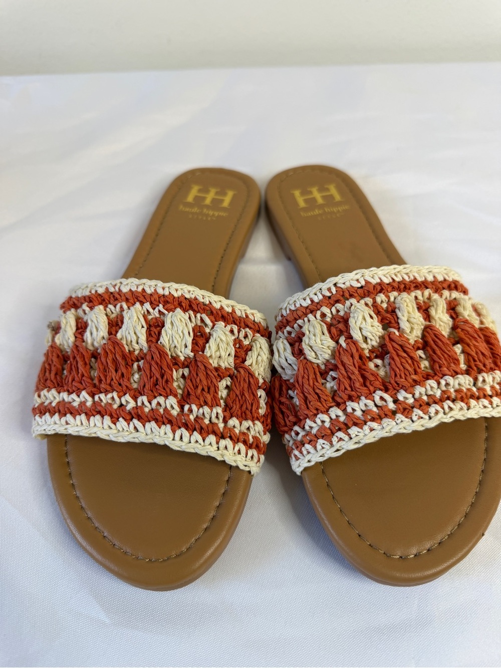 Haute Hippie Tan Leather Slides with Orange and Cream Crochet Strap